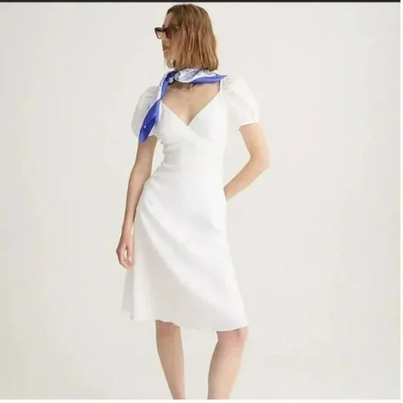 NWT - J. Crew Puff-sleeve V-neck midi dress in stretch linen blend - Picture 1 of 5